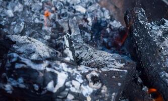 Firewood burning in the brazier, smoldering log coals photo