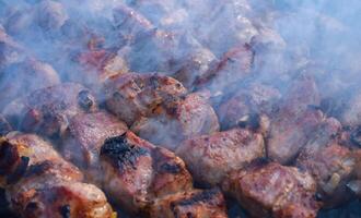 Pork meat is fried on smoking coals in the grill photo