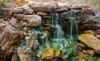 Small waterfall on stones covered with freshwater green algae Enteromorpha sp. photo