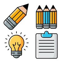 Set of pencils, lamp and note icons with orange and blue color vector