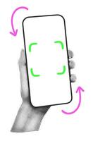 Halftone hand holding smartphone with square qr code scan frame trendy collage paper cut out sticker template with copy space. Sale, promotion, shopping online. Modern retro illustration vector