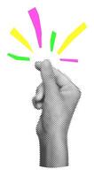 Halftone hand making finger snap gesture with colorful cut out lines radiating outward paper sticker, symbolizing emphasis, idea, it's easy. Modern retro illustration on transparent background vector