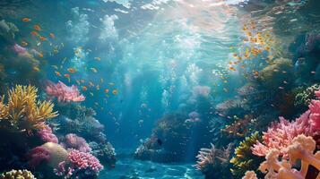 Beautiful underwater scenery with various types of fish and coral reefs photo