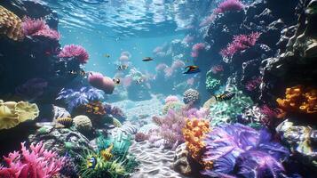 Beautiful underwater scenery with various types of fish and coral reefs photo
