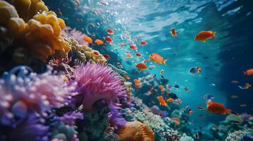 Beautiful underwater scenery with various types of fish and coral reefs photo