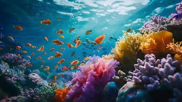 Beautiful underwater scenery with various types of fish and coral reefs photo