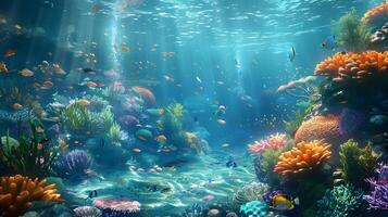 Beautiful underwater scenery with various types of fish and coral reefs photo