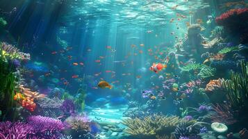 Beautiful underwater scenery with various types of fish and coral reefs photo
