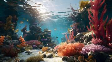 Beautiful underwater scenery with various types of fish and coral reefs photo