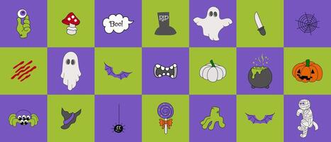 Groovy monster characters in y2k style. Cartoon spooky objects, pumpkin, candy, ghost, zombie, spider. Halloween cover set illustration for background, wallpaper, print, web banner vector