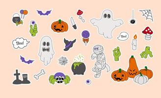 Groovy Halloween stickers, pumpkin, zombie, spider objects in y2k style. Hand drawn retro collection vector