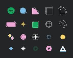 Modern aesthetic outline design elements, frames, different forms. Simple memphis shapes on black background for social media, web illustration in y2k style vector