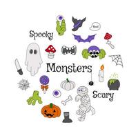 Halloween set with groovy monsters characters in y2k style. Pumpkin, candy, ghost, zombie, spider objects. Cartoon clip art illustration on isolated background vector