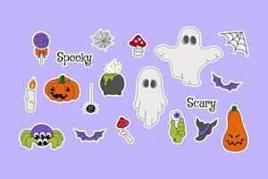 Set of groovy Halloween stickers, pumpkin, zombie, spider objects in y2k style. Hand drawn design print collection retro illustration vector