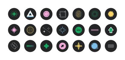 Collection of black round stickers with different shapes, frames, forms in trendy y2k style. Template icons, minimalist design elements, geometric signs, symbols for highlights, print, web, business vector