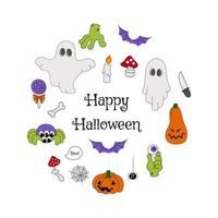 Halloween set of groovy mascot objects in y2k style in circle. Hand drawn cartoon monsters, pumpkin, candy, ghost, zombie, spider for print design, stickers pack, poster, card, t-shirt vector