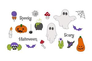 Set of groovy Halloween ghost characters, pumpkin, zombie, spider objects. Hand drawn design print collection illustration in retro style for poster, postcard, banner, sticker vector
