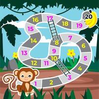 Snake and ladder board game with background cartoon monkey in jungle vector
