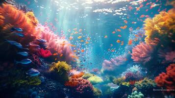 Beautiful underwater scenery with various types of fish and coral reefs photo