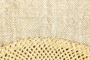 Natural Linen Material Textile Canvas Fabric Texture Background Close-up Detail of Fabric Natural Color Hemp Material Pattern Design Wallpaper. Can be Used as Background or For Graphic Design photo