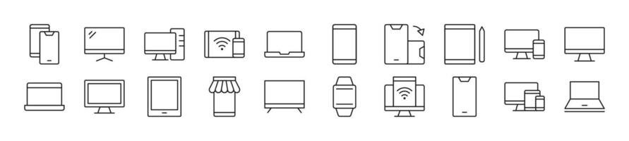 Pack of line icons of computers, phones, laptops. Editable stroke. Simple outline sign for web sites, newspapers, articles book vector