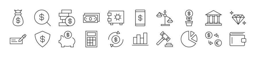 Collection of thin line icons of banking. Editable stroke. Simple linear illustration for web sites, newspapers, articles book vector