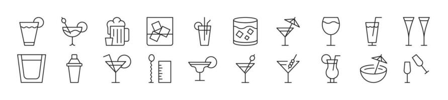 Collection of thin signs of various beverages. Editable stroke. Simple linear illustration for stores, shops, banners, design vector