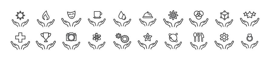 Pack of linear symbols of items over hands. Editable stroke. Linear symbol for web sites, newspapers, articles book vector