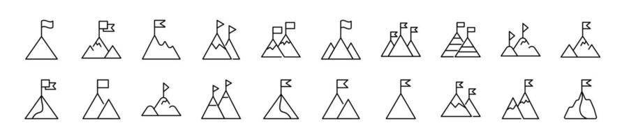 Mountain with flag on top line Icons collection. Editable stroke. Simple linear illustration for web sites, newspapers, articles book vector