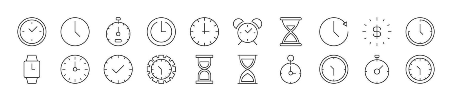 Pack of line icons of clock as time. Editable stroke. Simple outline sign for web sites, newspapers, articles book vector