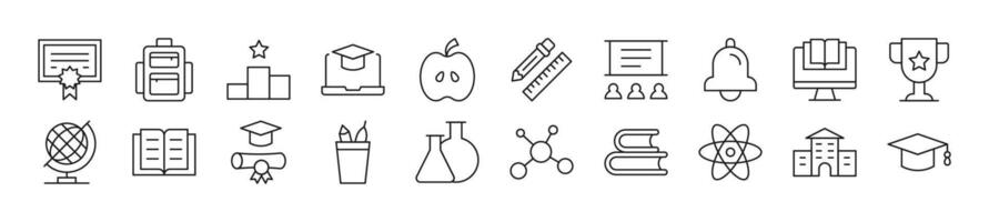 Collection of thin line icons of school, college, university. Editable stroke. Simple linear illustration for web sites, newspapers, articles book vector