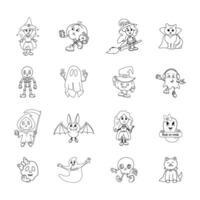 Cute groovy Halloween character set with various costumes and expressions, featuring witches, ghosts, skeletons, and bats in a retro, hand-drawn style. vector