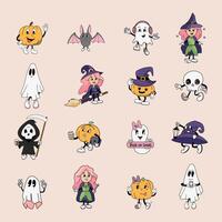 Groovy Halloween character collection featuring cute and playful designs of witches, ghosts, pumpkins, and skeletons in a retro, colorful style. vector