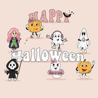 Colorful groovy Halloween illustration with playful characters like pumpkins, ghosts, and a reaper, surrounding Happy Halloween text in a retro style. vector