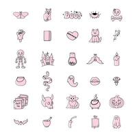 Groovy Halloween icon set in soft pink tones, featuring spooky elements like skulls, cats, ghosts, bats, and potions, all in a retro, minimalist style. vector