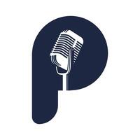Initial Letter P with Microphone Mic Icon for Podcast Radio Broadcast for Entertainment Comedian or Sing Illustration design vector