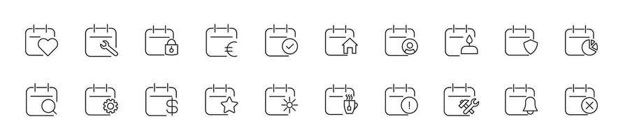 Collection of thin images of calendars with various items. Editable stroke. Simple line icon for web sites, newspapers, articles book vector