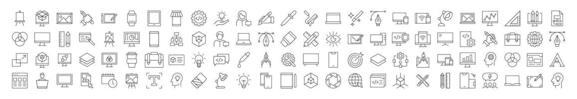 Collection of Icons of programming, coding, web design, engineering. Suitable for books, stores, shops. Editable stroke in minimalistic outline style. Symbol for design vector
