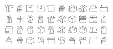 Signs of boxes and giftboxes as holiday and delivery symbols for Shops and Stores. Suitable for books, stores, shops. Editable stroke in minimalistic outline style. Symbol for design vector