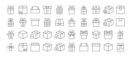 Collection of Icons of boxes and giftboxes as holiday and delivery symbols for Shops and Stores. Suitable for books, stores, shops. Editable stroke in minimalistic outline style. Symbol for design vector
