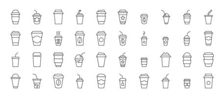 Collection of Line Icons of coffee, tea or other drinks in disposable cups. Suitable for books, stores, shops. Editable stroke in minimalistic outline style. Symbol for design vector
