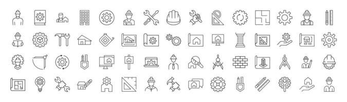 Collection of Signs of builder, engineer, repair and renovation. Suitable for books, stores, shops. Editable stroke in minimalistic outline style. Symbol for design vector