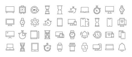 Line Signs of timer, clock, computer, phone, smartwatch for Advertisement. Suitable for books, stores, shops. Editable stroke in minimalistic outline style. Symbol for design vector