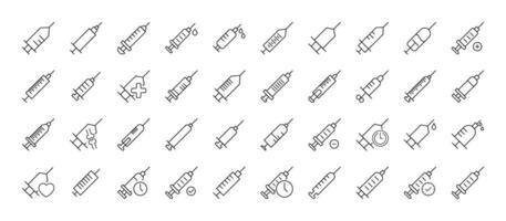 Collection of Icons of syringe as symbol of hospital, doctor and healthcare concept. Suitable for books, stores, shops. Editable stroke in minimalistic outline style. Symbol for design vector