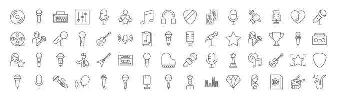 Collection of icons of music, singer, microphone for Advertisement. Suitable for books, stores, shops. Editable stroke in minimalistic outline style. Symbol for design vector