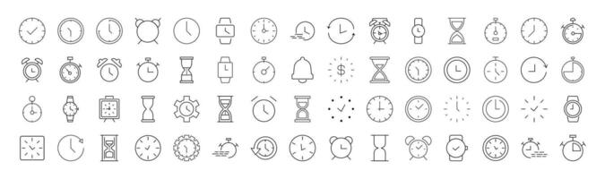 Collection of icons of clock, alarm clock, hourglass for Advertisement. Suitable for books, stores, shops. Editable stroke in minimalistic outline style. Symbol for design vector