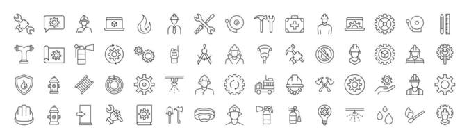 Line Signs of firefighter, engineer, builder for Advertisement. Suitable for books, stores, shops. Editable stroke in minimalistic outline style. Symbol for design vector