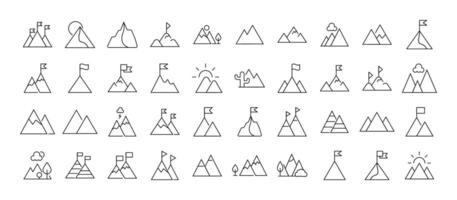 Collection of Icons of mountains as symbol of travel and hiking for Shops and Stores. Suitable for books, stores, shops. Editable stroke in minimalistic outline style. Symbol for design vector