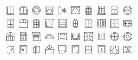Collection of Icons of various windows as part of house. Suitable for books, stores, shops. Editable stroke in minimalistic outline style. Symbol for design vector