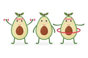Cute Avocado take exercise. Eating healthy and fitness. Funny food cartoon character set isolated on background. vector
